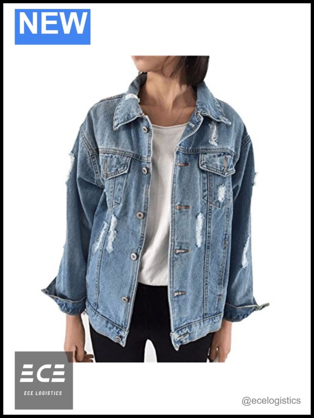 Oversized Distressed Denim Jacket Long Sleeve Boyfriend Jean Coat